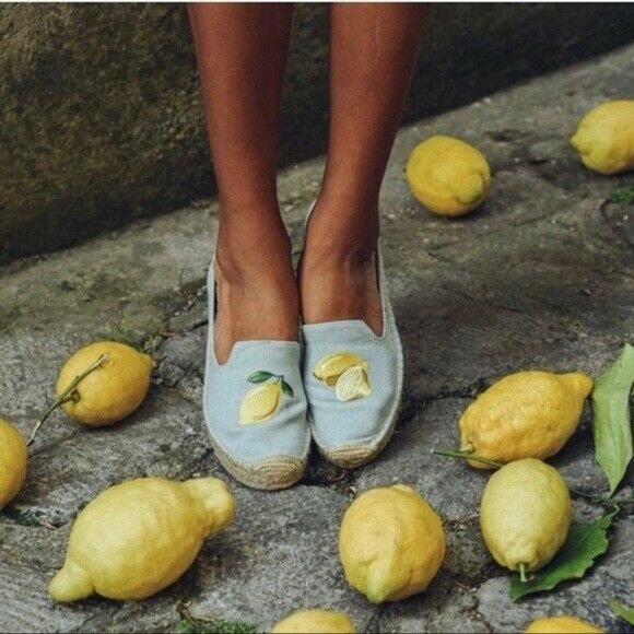 Soludos Shoes - SOLUDOS Blue Embroidered Lemon Platform Smoking Slipper Espadrille Shoes Size 10